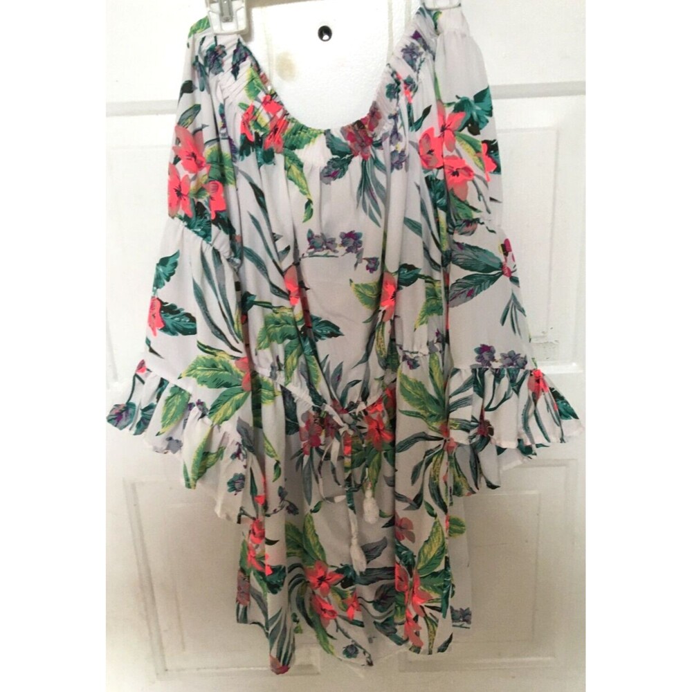 Blush Women's Romper Floral Pink White Green Small Off Shoulder EUC Free Ship